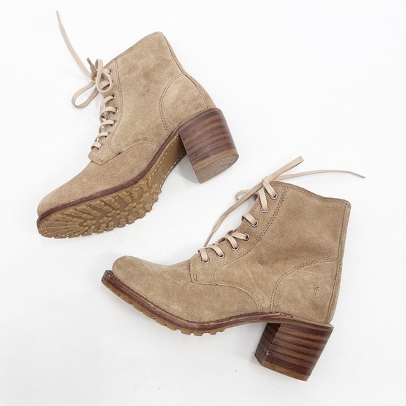 FRYE SABRINA 6G LACE UP Boots Tan Suede Block Heel Ankle Booties size 6 - Picture 5 of 10